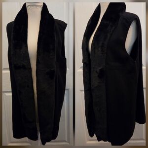 Denim & Co. Faux fur Duster Vest Sweater Top Black Large QVC New No Tags *